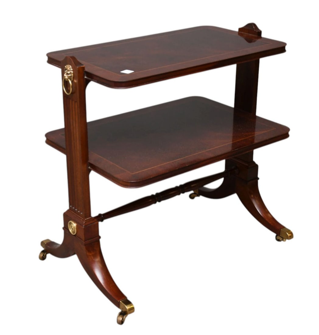 Baker 2 Tier Mahogany Side Table, Stretcher Base on Brass Castors, 27"h x 26"w x (1 of 7)