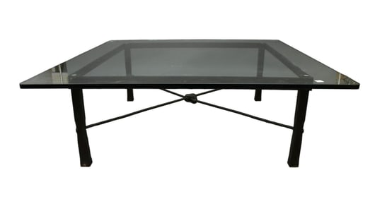 Huge Wrought Iron Framed Coffee Table, Brutalist Style With Glass Top, (Large Chip in Glass)