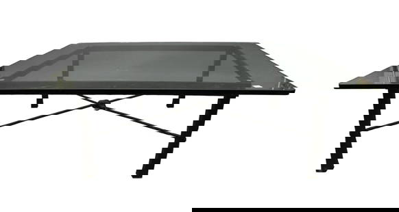 Huge Wrought Iron Framed Coffee Table, Brutalist Style With Glass Top, (Large Chip in Glass): Huge Wrought Iron Framed Coffe Table, Brutalist Style With Glass Top, 17"H x 50"square (Large Fracture in Glass)***If this item is not picked up by the Friday following the auction, it will be moved t