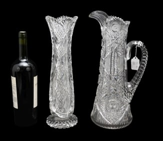 2 Antique Cut Glass Pieces, Pitcher with Handle (14"h) AND Vase (14"h) (Crack where base attaches to