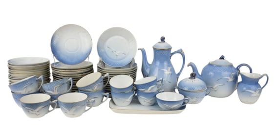 B & G Denmark Porcelain Pieces, Seagull Pattern, incl; Teapot, Coffee Pot (10"h), Creamer and Sugar,