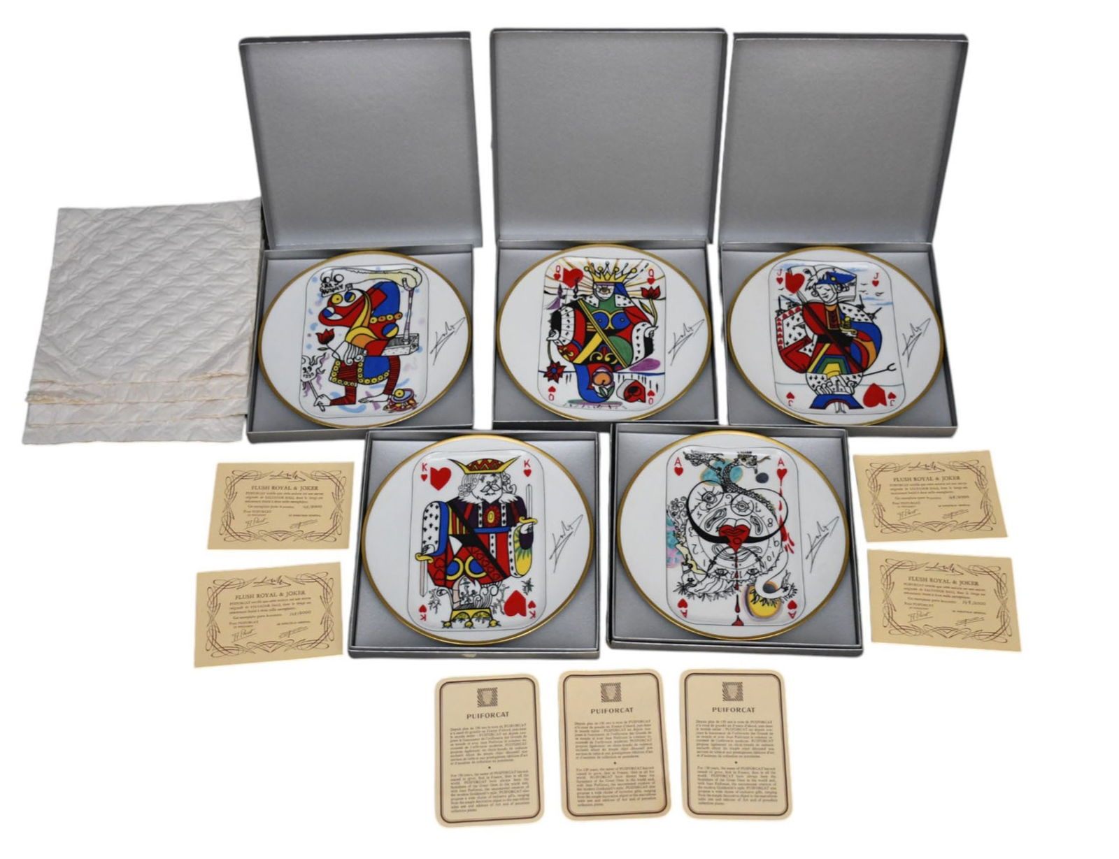 5 Puiforcat France Porcelain Plates, Salvador Dali, "Flush Royal & Joker", 149/2000, Original Boxes, (1 of 12)