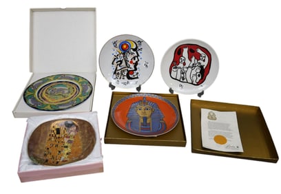 5 Porcelain Plates, Assorted Decorative Designs, Some Original Boxes, 12"square largest box