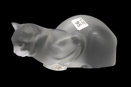 Lalique Crystal Crouching Cat "Chat Couche", France, 4 1/2"h x 9 1/2"L