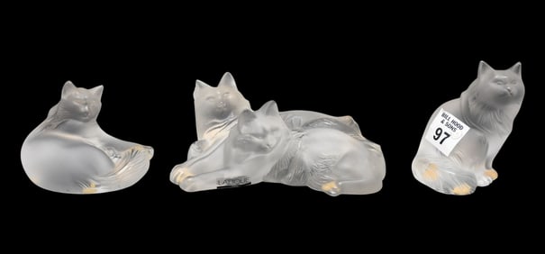 3 Lalique Crystal Cat Figures, France, Tallest 3"h, Widest 6"L (1 Chip to ear)
