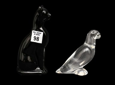 2 Baccarat Crystal Pieces, Egyptian Black Cat (6 1/2"h x 3"w) AND Parrot (4 1/2" x 4 1/2")