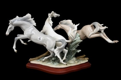 Lladro Porcelain Sculpture Grouping of Horses "Born Free" Wood Base, 15"H x 26 3/4"w