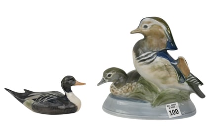 2 Pieces Royal Copenhagen Porcelain, Bird Grouping (7 1/2"h x 9"w) And Duck