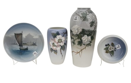 4 Pieces: 3 Royal Copenhagen Porcelains and One B+G. 2 Vases (14 12"h x 7"w & 9 1/2"h x 5 1/2"w)
