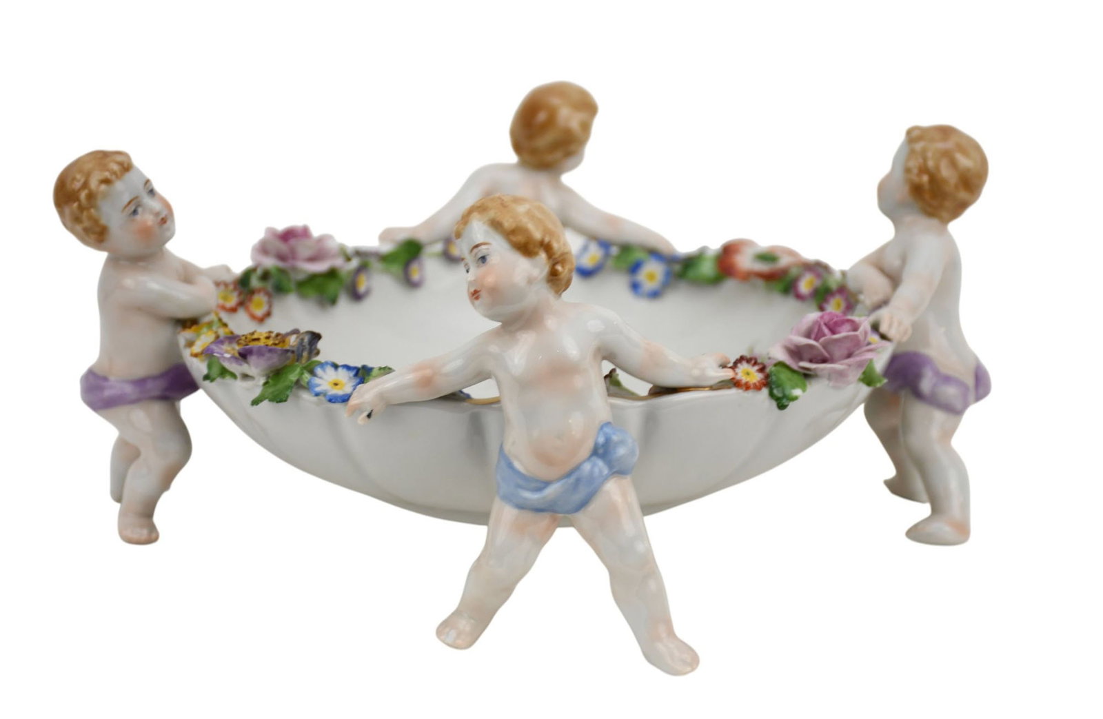 German Porcelain Bowl with Putti Supports, Floral Center and Applied Flowers Surround, 5"h x 10"dia: German Porcelain Bowl with Putti Supports, Floral Center and Applied Flowers Surround, 5"h x 10"dia (nicks to flowers/petals)