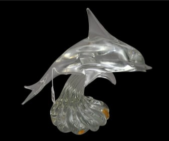 Lucio Zanetti, Murano Glass Dolphin Sculpture - Italian. Clear art class. Signed under base, 12" h x