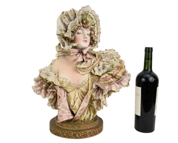 Antique Bisque Female Bust in Fancy Costume, Signed Ed Stellmacher, 18"h x 15"w