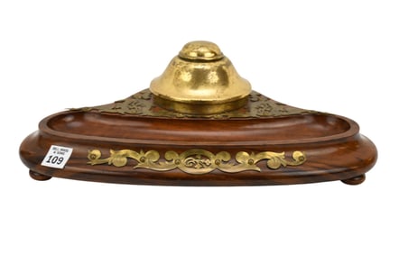 Brass & Wood Art Nouveau Ink Stand, 5"h x 16"w x 10"d