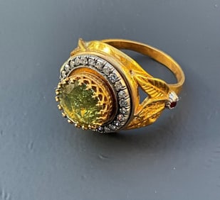 Russian Gold Demantoid Garnet Ring with GIA 2.9 carat Demantoid. size 10.5