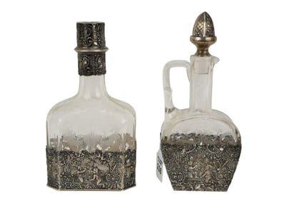 Antique Glass Pitcher & Decanter (missing stopper), Etched Designs in Sterling Frames with Accents,