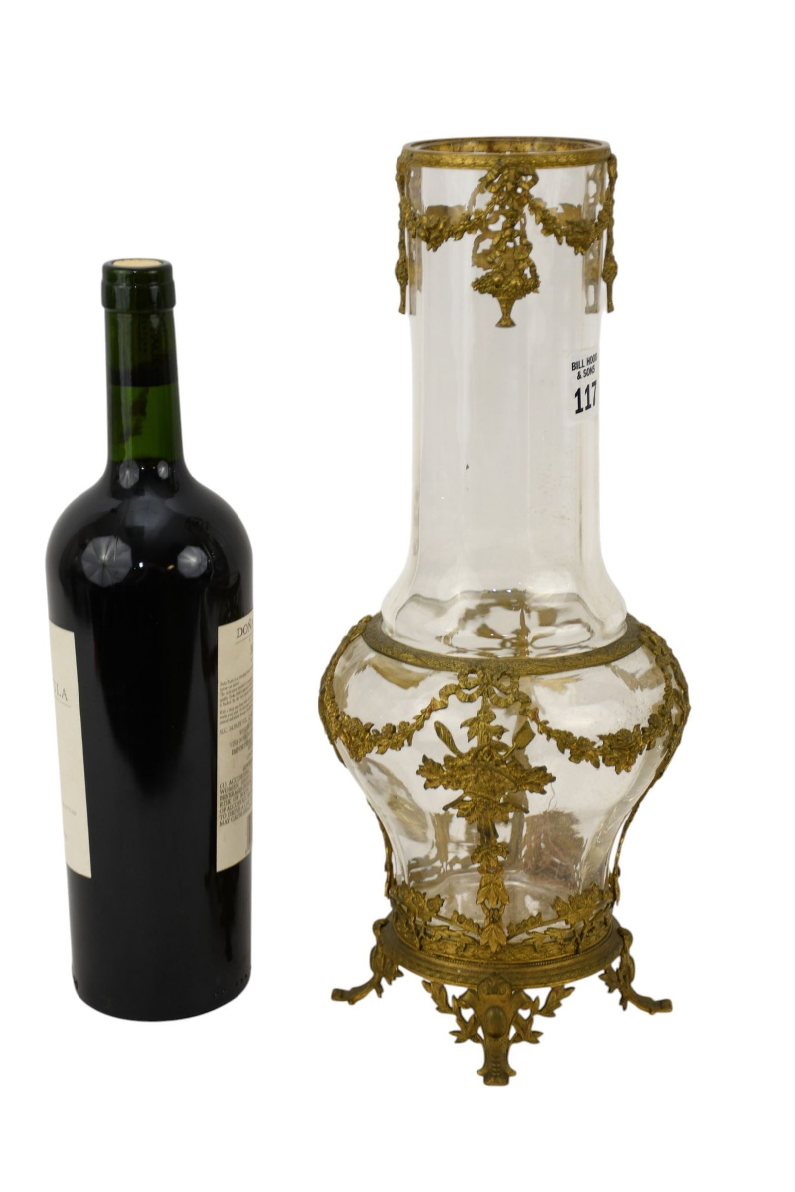 Antique Glass Vase in Fitted Brass Ornate Footed Frame, 14"h x 6"w: Antique Glass Vase in Fitted Brass Ornate Footed Frame, 14"h x 6"w