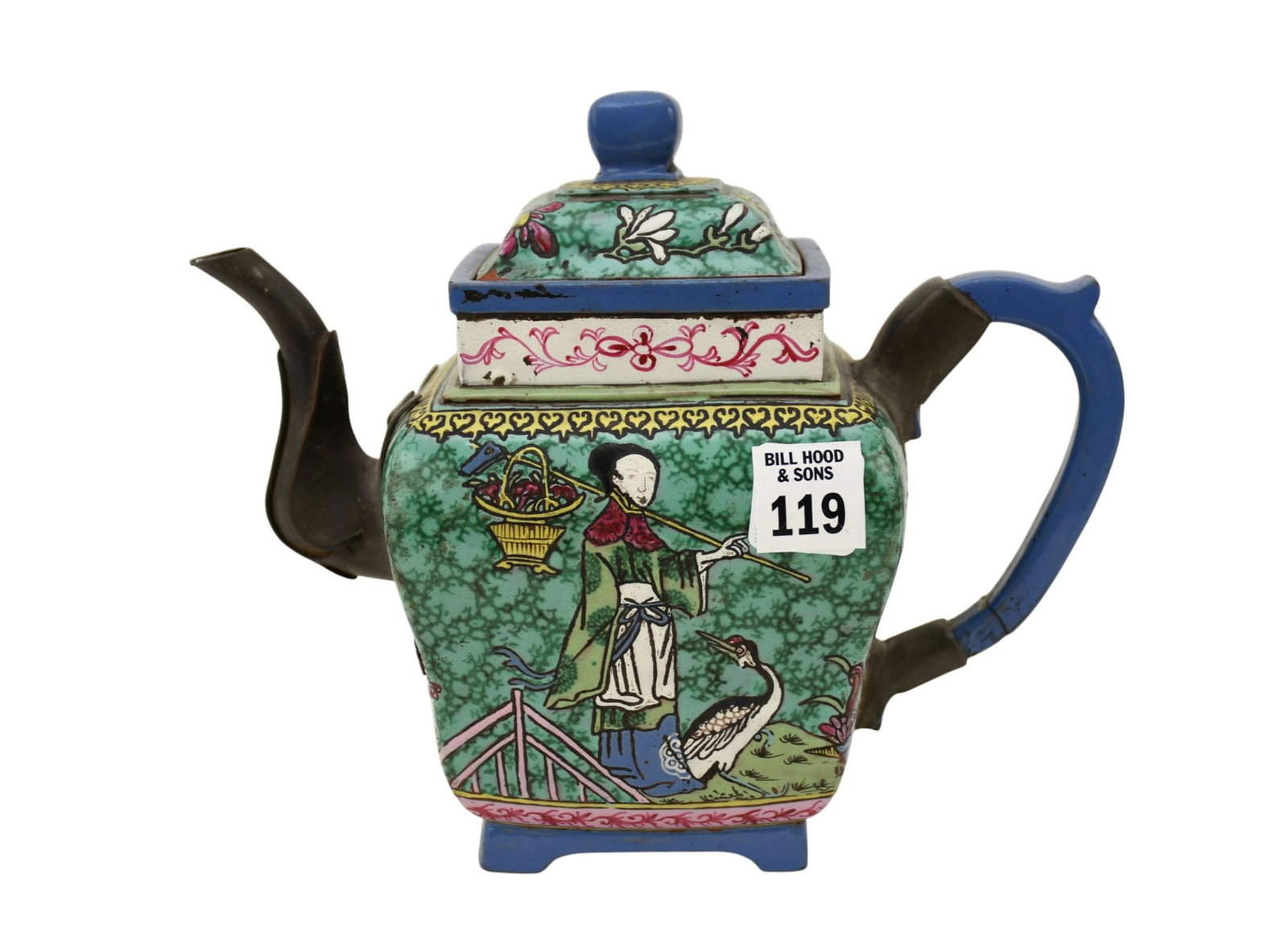 Yixing Teapot Ornamented With Antiquities & Figure, Metal Mounts & Incised Mark on Base, 8"h x 10"w: Yixing Teapot Ornamented With Antiquities & Figure, Metal Mounts & Incised Mark on Base, 8"h x 10"w (crack in handle, chips underneath lid)