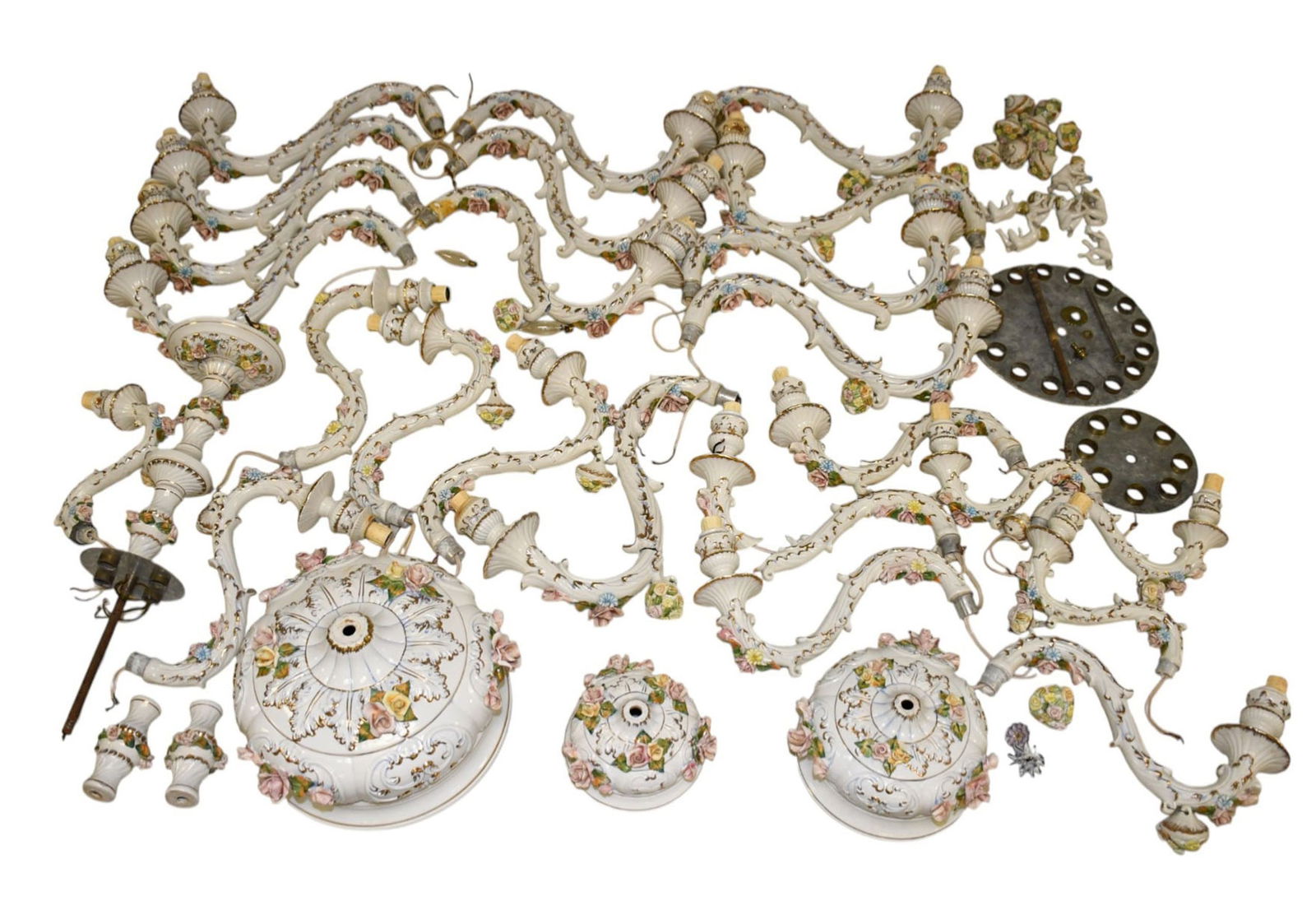 Large Italian Porcelain 24-Light Chandelier As Is Condition - A 24-light porcelain chandelier,: Large Italian Porcelain 24-Light Chandelier As Is Condition - A 24-light porcelain chandelier, Capodimonte style. White ground with polychrome florals, putti figures, gilt accents. Sold As Is and disa