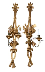 Pair Oversized Italian Giltwood Decorative Double Branch Wall Sconces, Wheat, Fruit & Flowers, 56"h