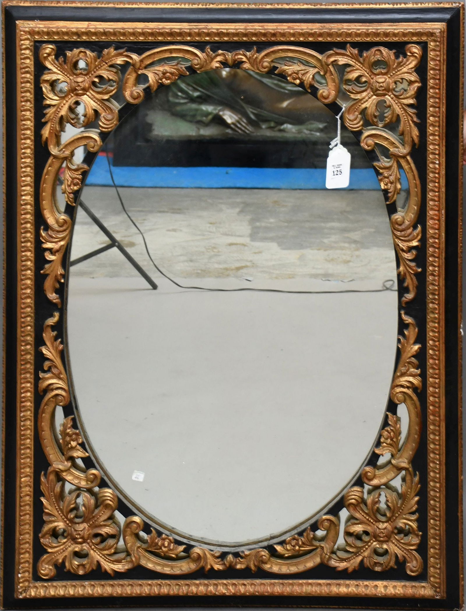 Carved Black & Gilded Wood Oval Frame Mirror, 43"h x 32 1/2"w (1 of 4)