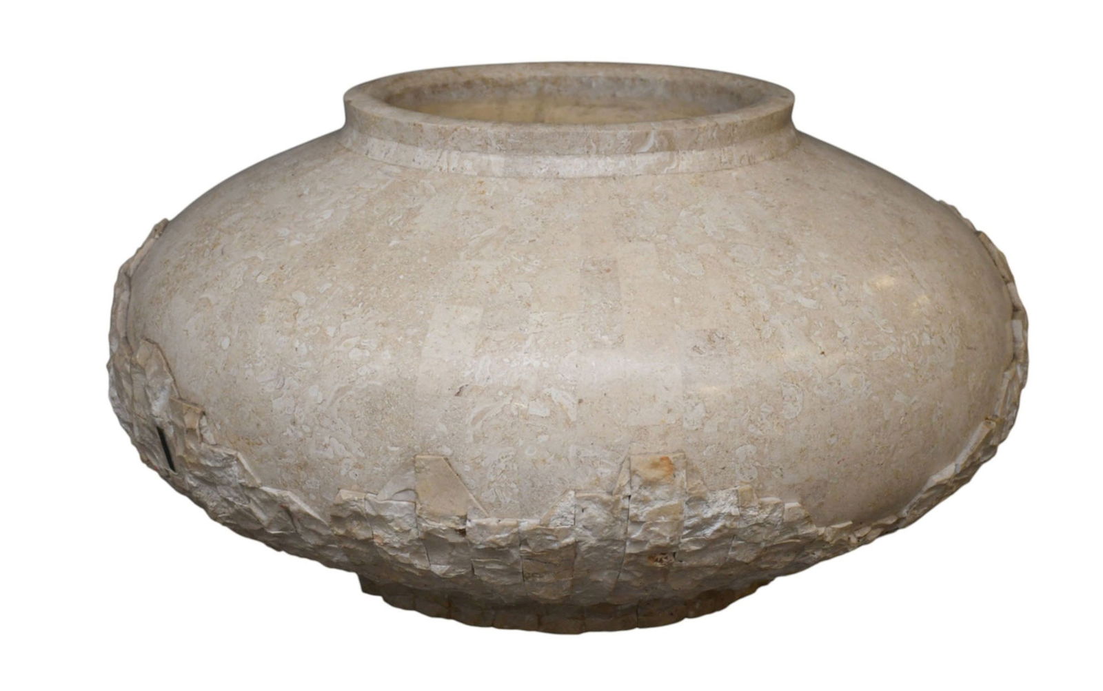 Tessellated Marble Planter, Oversized Bulbous Form Planter, Ozzii?? Illegible Label, 17"h x: Tessellated Marble Planter, Oversized Bulbous Form Planter, Ozzii?? Illegible Label, 17"h x 29"w ***If this item is not picked up by the Friday following the auction, it will be moved to offsite stora