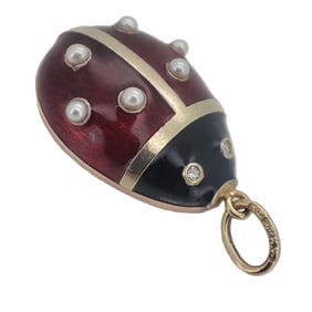 Vintage Imperial  Era Rose Gold Enamel Diamond Pearl Ladybug Pendant. Total weight: 6.8 grams.