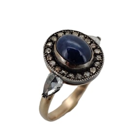 Vintage Imperial Era Rose Gold Diamond Sapphire Ring. Oval cabochon Sapphire 7 x 5 mm. Approx 1.00