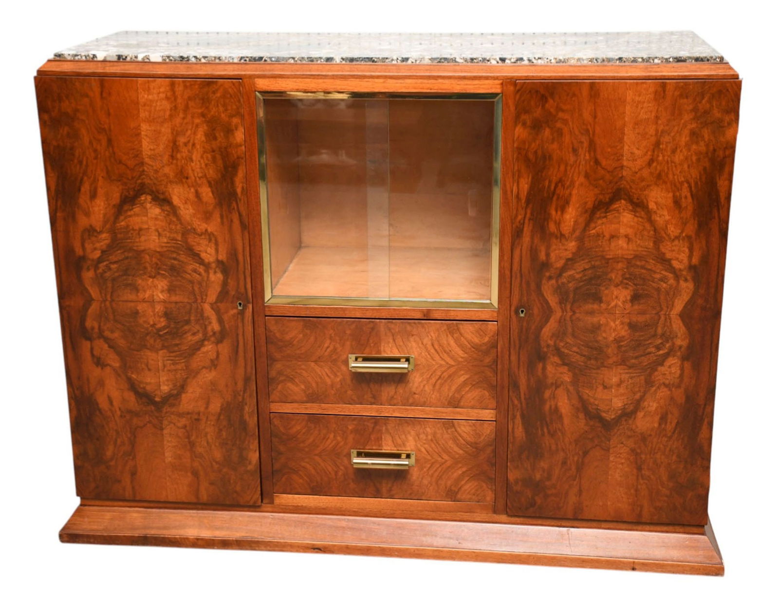 Art Deco Burled Mahogany Cabinet, Center Sliding Glass Opening Flanked by 2 Doors, 2 Drawers Below, (1 of 5)