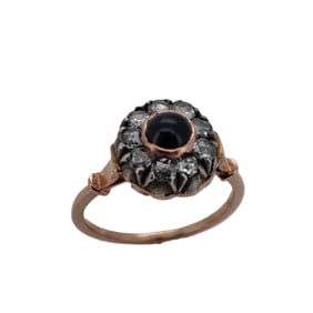Vintage Imperial Era Rose Gold Diamond Sapphire Ring. Center Round Cabochon Sapphire 5.00 mm Approx.