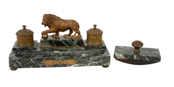 Antique French Green Marble Inkwell Desk Set with Lion - C. 19th century. A green marble double