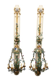 Pair Of Unusual Elaborate 4 Branch Pendant Form Wall Sconces, Brass Basketweave With Wire Vine &