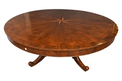 19th Century Continental Dining Table with Inlaid Star in Center On Burled Wood Pedestal with 4