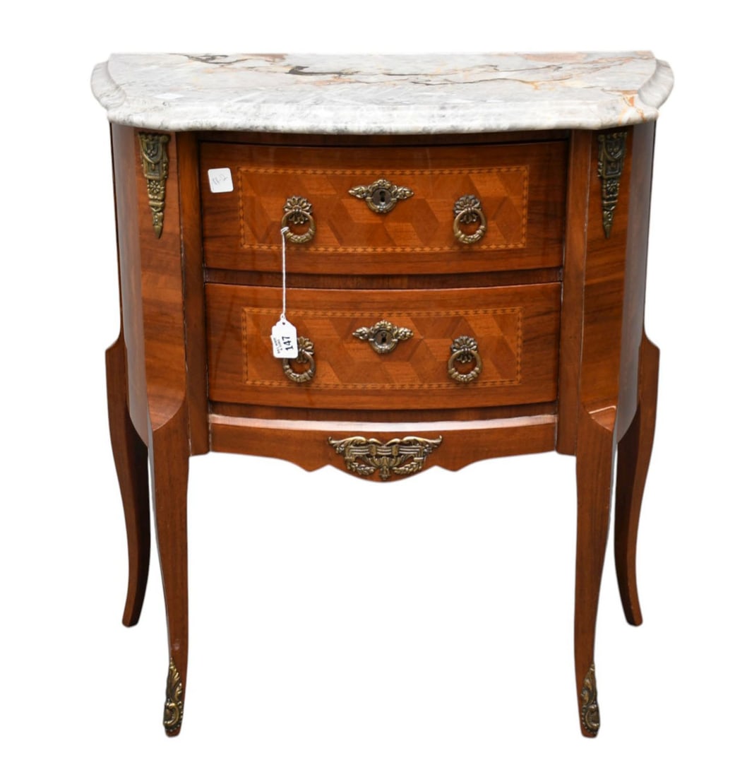 French Louis XV Style, 2 Drawer Side Table with Marble Top Gilt Metal Mounts, 30"h x 28"w x 13 (1 of 6)