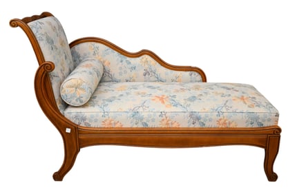 French Recamier Fruitwood Frame, Blue Floral Upholstery, 63" x 26" x 39h" (fine