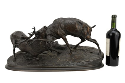 Pierre-Jules Mêne (French, 1810-1879) "Fighting Elks" Bronze Sculpture - A patinated bronze