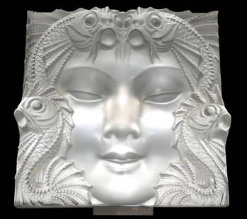 Lalique 'Masque de Femme' Crystal Panel - Lalique France, clear frosted crystal decorative panel /: Lalique 'Masque de Femme' Crystal Panel - Lalique France, clear frosted crystal decorative panel / plaque depicting a female