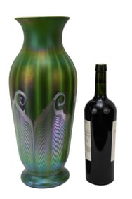 Quezal Iridescent Pulled Feather Art Glass Vase - American, early 20th century. Iridescent shades of