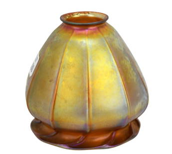 Quezal Gold Aurene Art Glass Lamp Shade, C. 1920 - American art glass. Signed "Quezal" on fitter: Quezal Gold Aurene Art Glass Lamp Shade, C. 1920 - American art glass. Signed "Quezal" on fitter edge. 5 3/8" h x 6 1/4" w, 5 1/4" diameter opening. Condition: Overall very good condition.