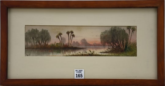 C S Orr (American 20th Century) Vintage Watercolor on paper- Florida River Sunset, sight size 3-1/4
