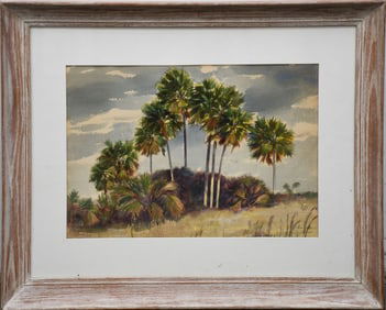 Florida Boca Raton Watercolor Painting of Palm Trees- signed and dated 1957. 14 x 20 1/2“ side