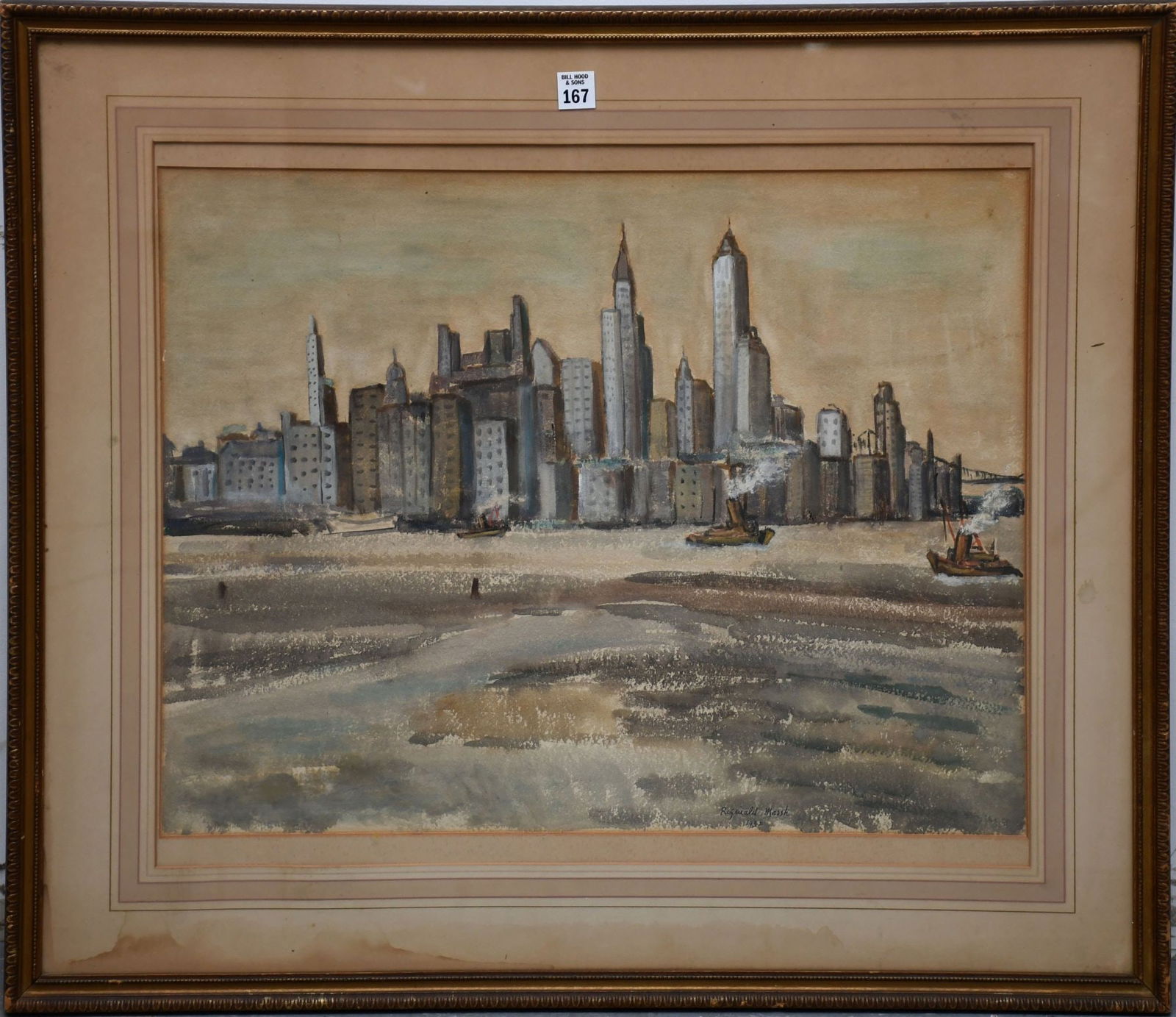 Reginald Marsh (American, 1898-1954) Watercolor- New York City from the Hudson, image 18 x 24: Reginald Marsh (American, 1898-1954) Watercolor- New York City from the Hudson, image 18 x 24 inches. Signed on bottom, overall frame size 27 1/2 x 31 1/2 inches.