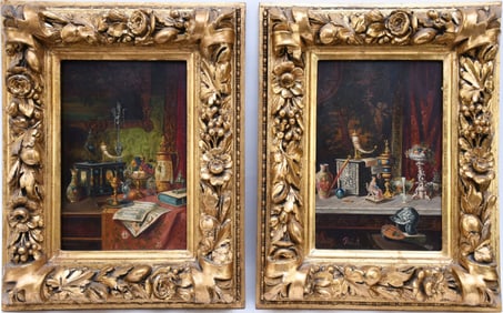 Pair of oil and panels sign RUST. 19th century Austrian school, interiors with table of objects,