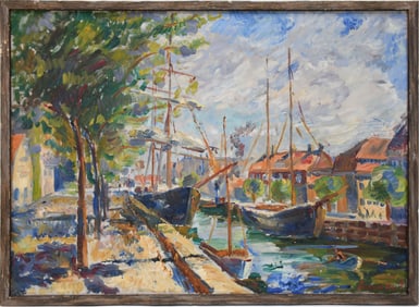 Large impressionist boats in a canal  signed illegibly, overall frame size 27 x 37 inches.