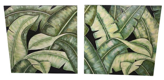 Pr. Large Banana Leaf Paintings, signed Ru.Ardo 48 x 48 inches.