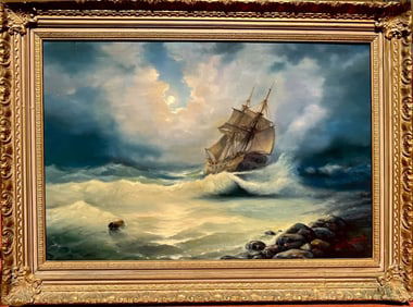 Russian painting Attributed to: Ivan Aivazovsky  (Russian 1817 - 1900) Sailing in Stormy Seas,