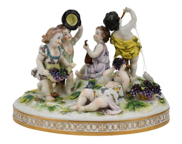 Capodimonte Porcelain Grouping, 5 Children with Grapes & Instruments (chip on one finger & small