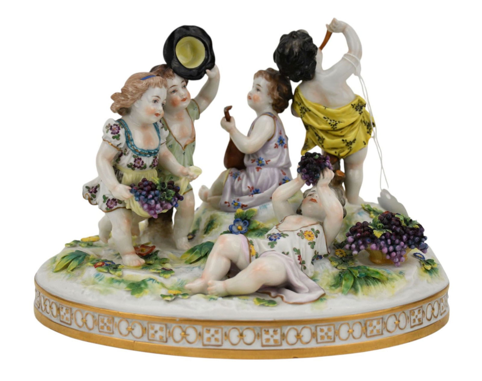 Capodimonte Porcelain Grouping, 5 Children with Grapes & Instruments (chip on one finger & small: Capodimonte Porcelain Grouping, 5 Children with Grapes & Instruments (chip on one finger & small leaf) 6-1/2h x 9-1/2w x 7deep-inches