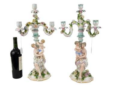 Pair Fine Porcelain German 19th c. Figural 3 Branch Candelabra, 21"h x 11"w (all parts secured)