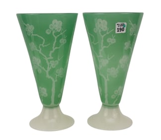 Pair Steuben Glass Vases, Green Opaline with Acid Cut Vine & Floral Patterns, 12"h x 6 1/2"dia,