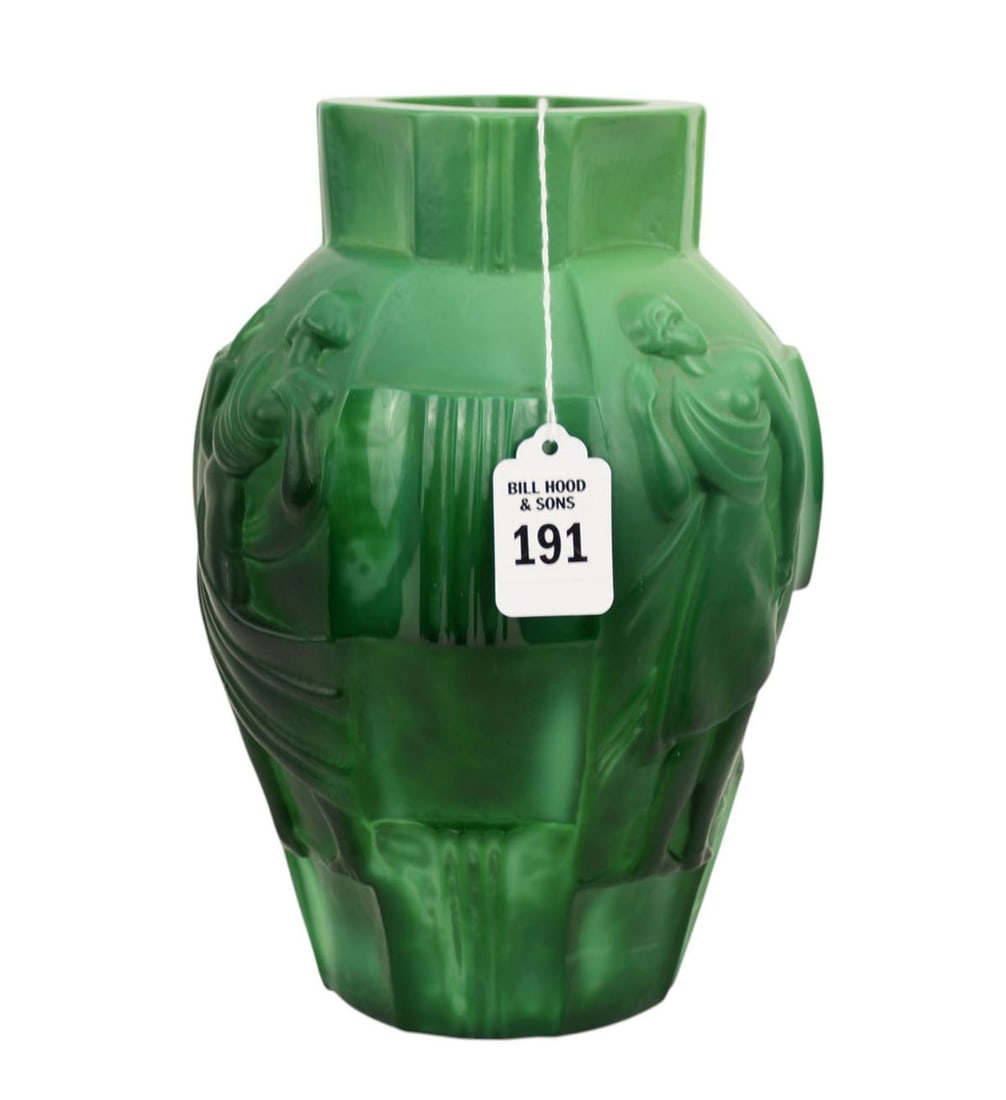 Heinrich Hoffman Art Deco Czech Malachite Glass Vase, C. 1930 - Bohemian emerald green malachite: Heinrich Hoffman Art Deco Czech Malachite Glass Vase, C. 1930 - Bohemian emerald green malachite glass vase with four raised female figures of reveling bacchantes in original Art Deco style. 9 1/4" h.